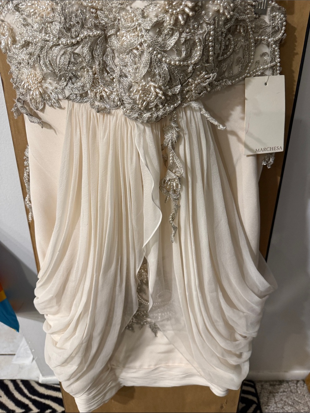 Marchesa Cream Chiffon Dress with Silver Beaded Bodice